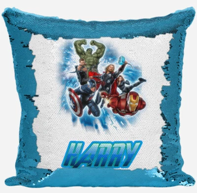 Personalised Avengers Design Any Name Magic Reveal Blue Sequin Cushion Cover  - Image 1 of 4