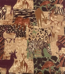 African Themed Cotton Barkcloth Zebra Elephant Giraffe Fabric Remnant #16 - Picture 1 of 10