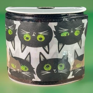 Celebrate It Halloween Holiday Wired Ribbon Black Cats Green Glitter Eyes 2.5” - Picture 1 of 11