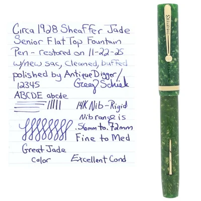 CIRCA 1928 SHEAFFER SENIOR FLAT TOP JADE WHITE DOT FOUNTAIN PEN RESTORED - Image 1 of 4