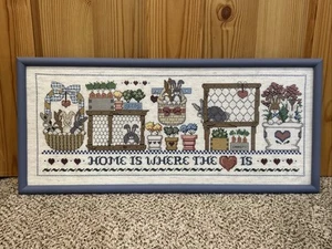 Vtg Completed Cross Stitch Country Bunny Rabbits Hutch Home is Where the ❤ is - Picture 1 of 8