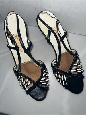 超罕见 - 复古 20 世纪 60 年代 GUCCI 黑白绑带高跟鞋凉鞋 - 36.5 码 — 第 1/4 张图片