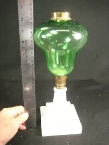 ANTIQUE 1860 BLOWN GREEN GLASS KEROSENE OIL LAMP ON BRASS AND MILK GLASS BASE - Picture 1 of 15