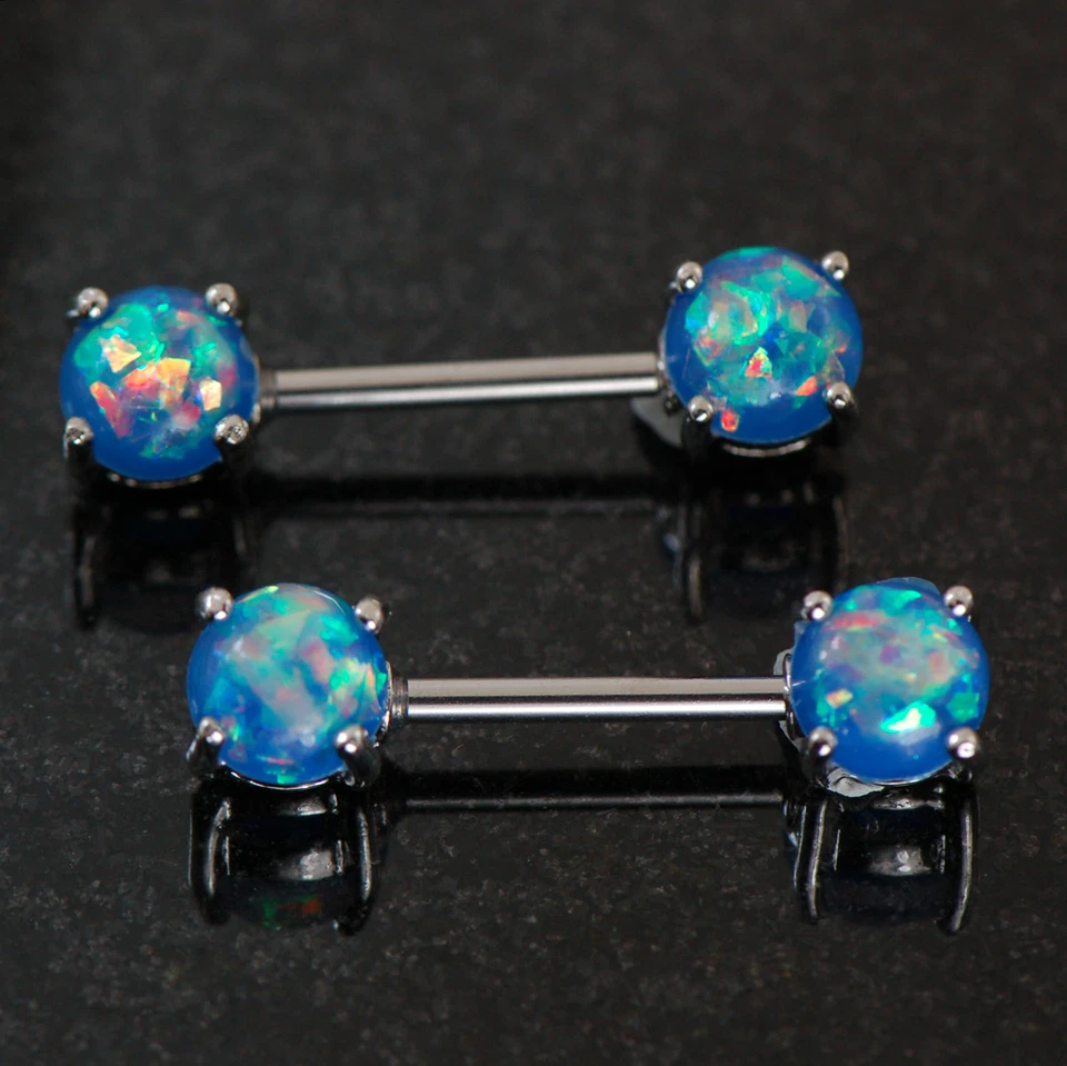 Par de anillos de pezón con barra de ópalo de fuego azul joyería piercing 14G Foto 1 de 2