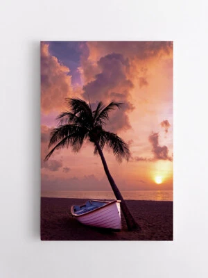 Palmen Wandbilder Meer Strand Boot Leinwandbilder Leinwand Bild Vlies Deko XXL - Bild 1 von 4