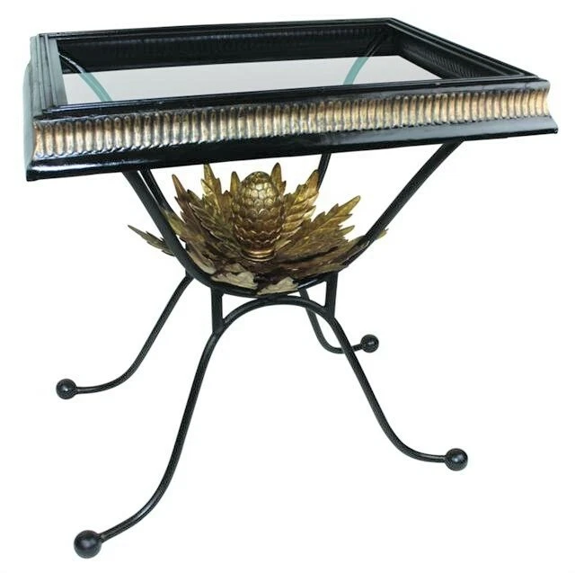 Black Wrought Iron Artichoke Side Table Ornate Gold Accent Baroque - Image 1 of 1