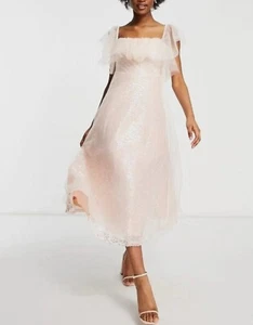 Forever U Organza Bardot Midi Kleid in rosa Pailletten UK 8 NEU KOSTENLOSER VERSAND (R127) (H) - Bild 1 von 5