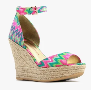 ELAINE TURNER ARIAL BATIK PRINT NATURAL JUTE ESPADRILLE PLATFORM WEDGE SANDALS - Picture 1 of 6