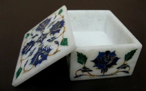 White Marble Watch Box Lapis Lazuli Stone Inlay Work Jewelry Box 4 x 3 Inches - Picture 1 of 6