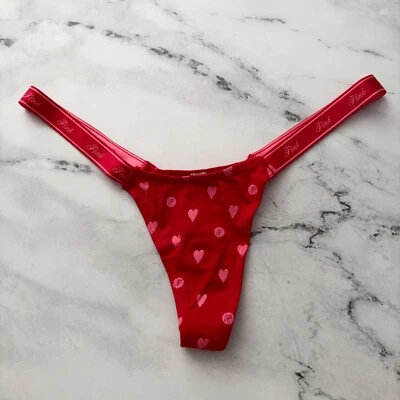 PINK Victoria's Secret Thong Panty Nwt Red Pink Heart Logo Band Extra Low Rise - Image 1 of 4