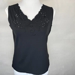 Dressbarn Damen Gr. M schwarz Baumwolle Strick Pailletten VNeck Perlen ärmellos - Bild 1 von 7