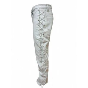 Original Schnürhose Biker stilvoll weiß Designer Leder Lammfell Laufhose Herren - Bild 1 von 6