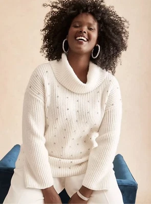 SUÉTER LANE BRYANT Talla 26/28 MARSHMALLOW MARFIL CAPUCHA CUELLO ESTRÁS DETALLE Foto 1 de 4