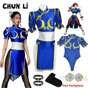 Chun Li Cosplay Costume Street Fighter Blue Cheongsam Dress Women Halloween - Picture 1 of 10