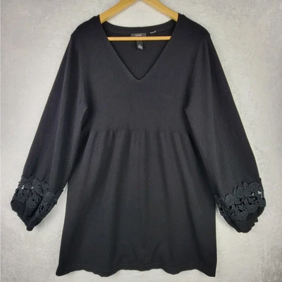 Alfani Dress Midi Knit V Neck Black Crochet Long Sleeve Whimsigoth Bohemian - Image 1 of 4