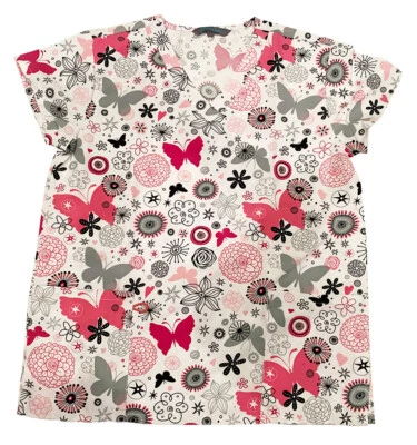 Womens Microfiber Medical Scrub Tops Red Gray Black Butterflies Flower 3X - Image 1 of 2