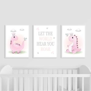 Dinosaur Nursery Prints Set of 3, Pink, Girl Wall Art, Kids Bedroom Decor, Gift - Picture 1 of 4