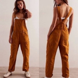 New Cotton Free People Cargo Denim Rust Bib-and-brace Utility Overalls Sz S - Picture 1 of 8