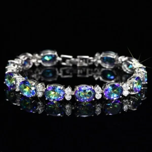 New 10mm Oval Gemstone Blue Mystic Topaz Multi Color Charm Women Silver Bracelet - Picture 1 of 6