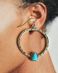 Silver Tone & Faux Turquoise Bohemian Hoop Earrings. South Western Hippie Boho - Picture 1 of 8