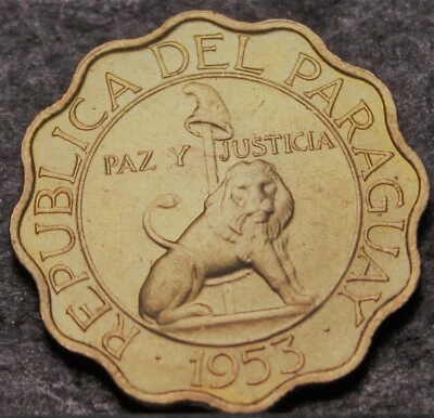 Paraguay 50 Centimos, 1953 Unc~Only Year~Lion With Liberty Cap~Scalloped~Fr/Ship - Image 1 of 2