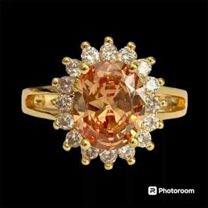 Peach Cubic Zirconia Halo Cocktail Ring Yellow Gold Plated Size 8 Faux Topaz - Picture 1 of 12