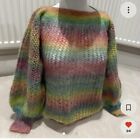 Vintage Handmade Crochet Knit Mohair Pastel Multicoloured Rainbow Jumper Size 10