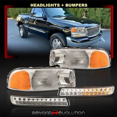 适用于 1999 - 2006 年 Sierra Yukon 铬制车头灯总成 LED 保险杠信号灯一对 — 第 1/4 张图片