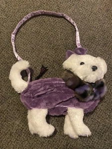 Purse Furry Couture Fluffy Purple and White w/strap soft Dog w/bow 11" - Picture 1 of 7