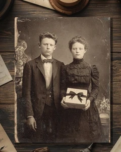 Vintage Victorian Siblings with Black-Ribbon Gift Birthday Card Gothic Macabre - Picture 1 of 4