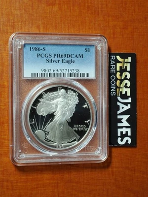1986 S PROOF SILVER EAGLE PCGS PR69 DCAM CLASSIC BLUE LABEL - Image 1 of 2
