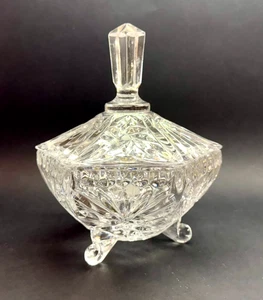 Vintage schwere 6-seitige geschliffene Kristall/Fuß/bedeckte Bonboniere/hoher Abschlussdeckel - Bild 1 von 9