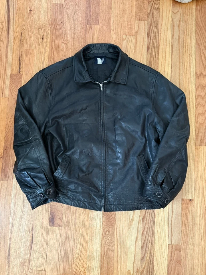 Chaqueta de Cuero GAP Para Hombre Grande Negra Cremallera Cuello Grueso Moto De Colección Años 90 Y2K Foto 1 de 3