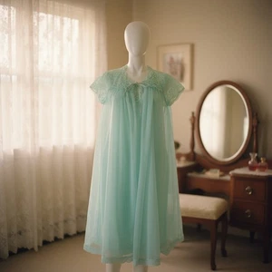 Conjunto de Camisón Peignoir Vintage Años 60 Van Raalte Aqua Nylon Gasa Encaje Talla Pequeña - Imagen 1 de 17