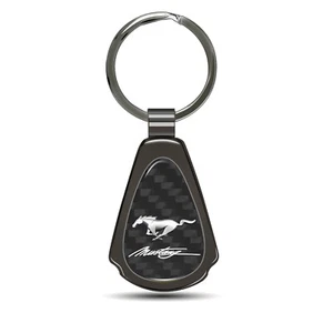 Mustang Script Real Black Carbon Fiber Gunmetal Black Metal Teardrop Key Chain - Picture 1 of 6