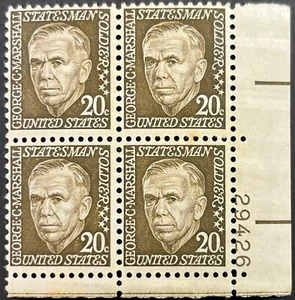 US Prominent Amer., Scott 1289, 20c Geo Marshall, P.B. of 4 Untagged, MNH F-VF - Picture 1 of 2