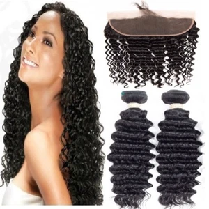 Premium Human Hair Deep Wave Natural Black 2 Bundles With 13x4 Lace Frontal - Picture 1 of 30
