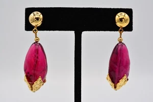 Vintage Cabochon Lucite Earrings Dangle Brushed Gold Eggplant BinA12