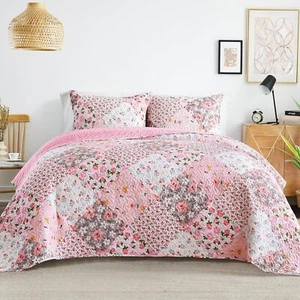 Reversible Patchwork Quilt Full/Queen, Boho Bedspread Pink - Picture 1 of 6