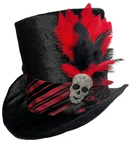 Tall Top Hat Black Velvet Skull Red Feathered Gothic Vampire Steampunk Horror - Picture 1 of 5