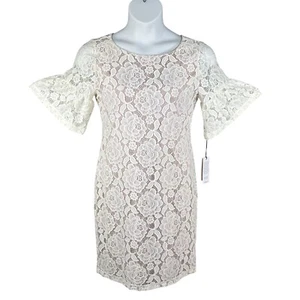 Ivanka Trump Womens 10 Cream Nude Lace Floral Bell Ruffled Sleeve Sheath Dress - Picture 1 of 16