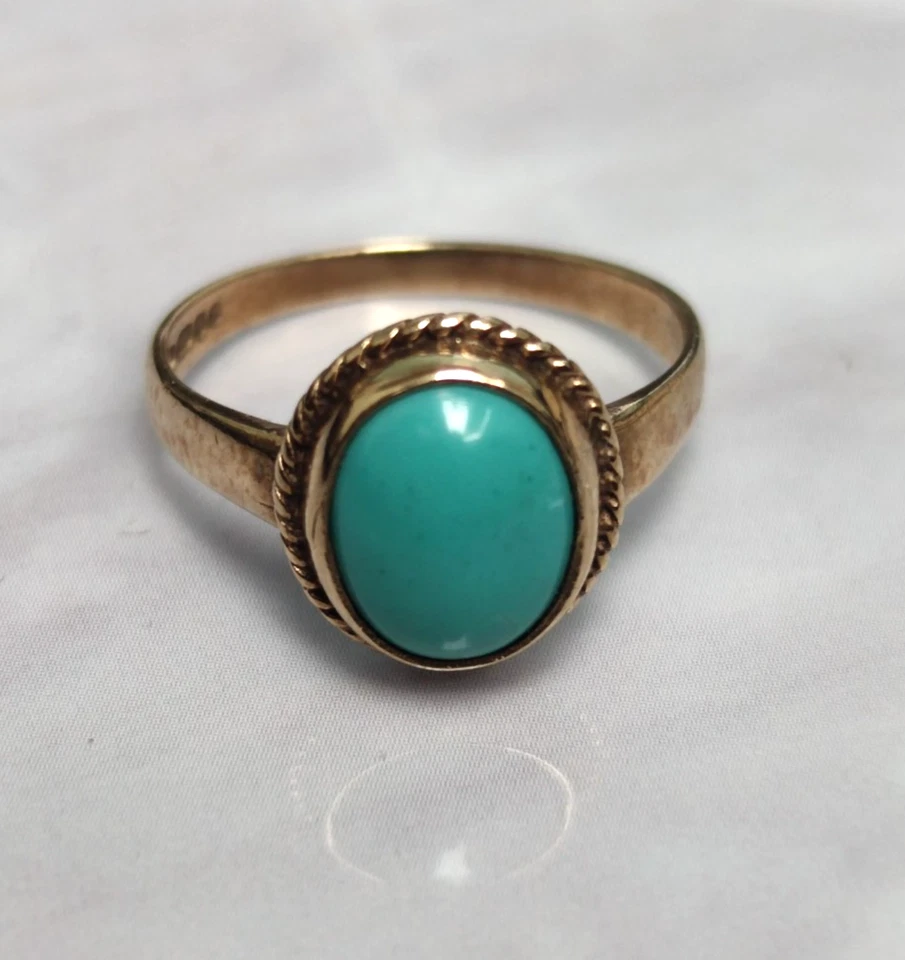 Anillo de oro amarillo de 9 quilates piedra turquesa verde Reino Unido sello anillo talla L 1/2 Foto 1 de 4