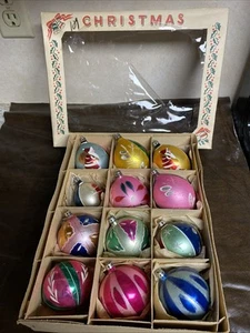 12 COLORFUL VINTAGE GLASS TEARDROP & ROUND 4" POLISH CHRISTMAS ORNAMENTS IN BOX - Picture 1 of 13