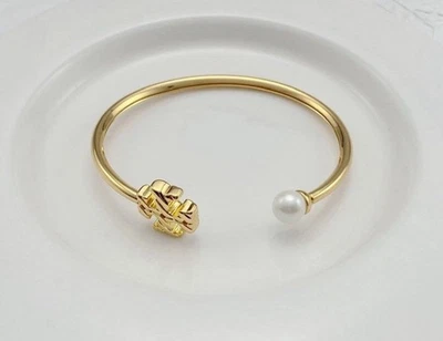 Yellow Gold Cuff Bracelet - Tory Burch Logo Pearl Design - Image 1 of 3