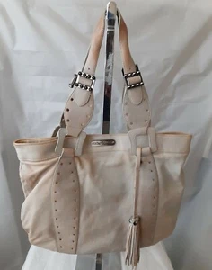 Betsy Johnson Disressed  Tan/Blue Bag Tote Tasseled - Picture 1 of 12