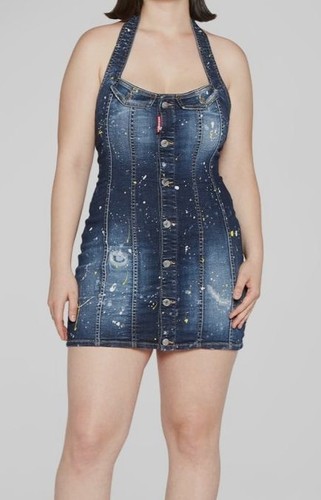 $1095 Dsquared2 Women's Blue Sequin Spots Denim Mini Dress Size 42