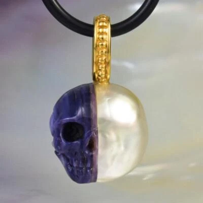 Skull IN Süd See Perle Anhänger Geschnitzter Lila Muschel Vermeil Sterling 4.21g - Bild 1 von 4
