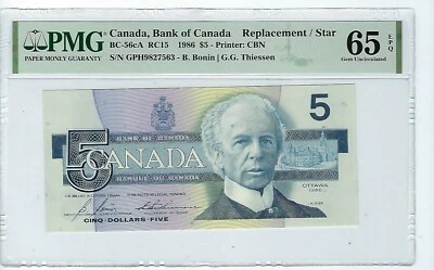Bank of Canada 1986 $5 Note  BC-56cA- Replacement PMG 65 EPQ Prefix GHP - Image 1 of 2