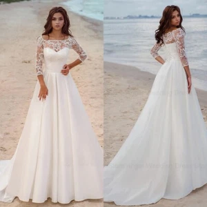 Sweetheart A-Line Wedding Dresses O-Neck 3/4 Sleeved Lace Applique Bridal Gowns - Picture 1 of 7