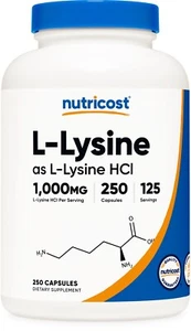 Nutricost L-Lysine 1000mg, 250 Capsules - Gluten Free, Non-GMO, 500mg Per Cap - Picture 1 of 5